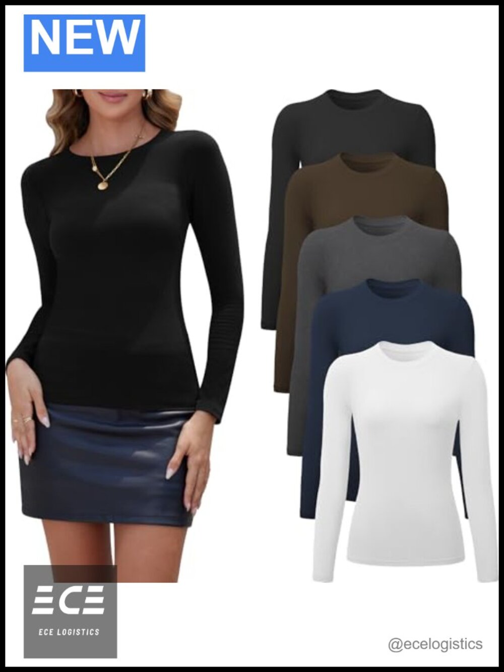 5 Pack Womens Long Sleeve Crew Neck T-Shirts Rayon Spandex Fitted Tops